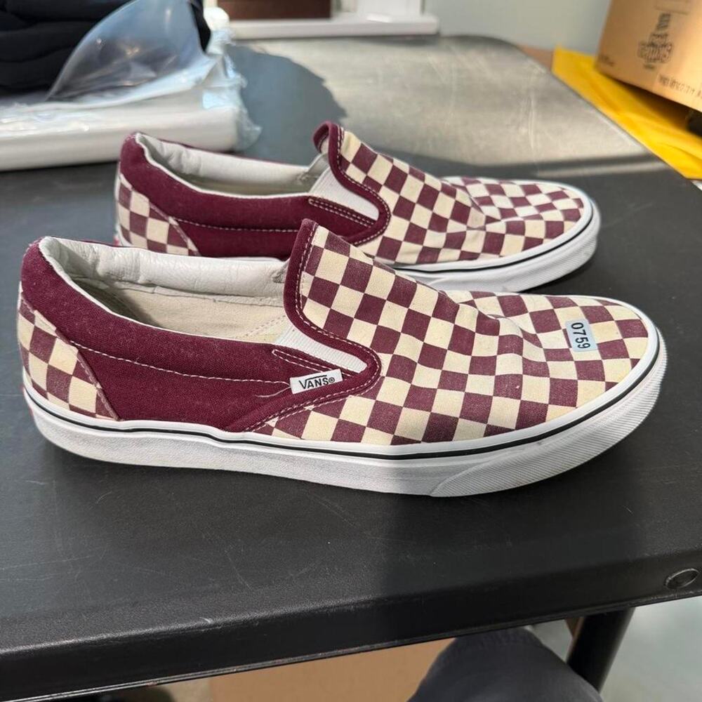Vans white and maroon checkerboard